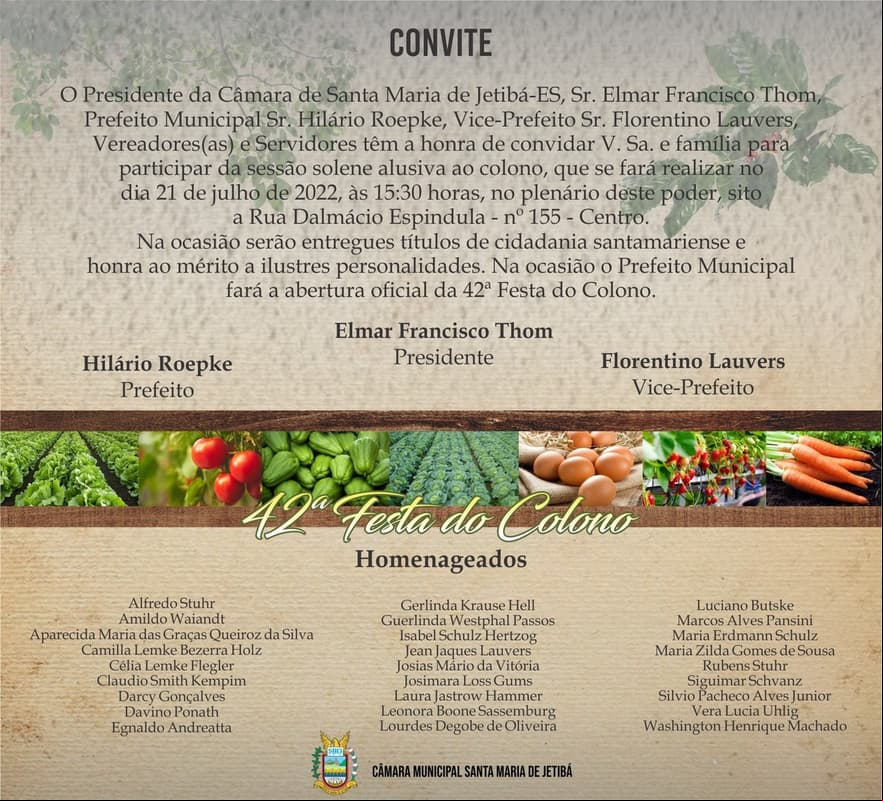 CONVITE - SESSÃO SOLENE ALUSIVA AO DIA DO COLONO E ENTREGA DE TÍTULOS DE CIDADNIA SANTAMARIENSE E HONRA AO MÉRITO